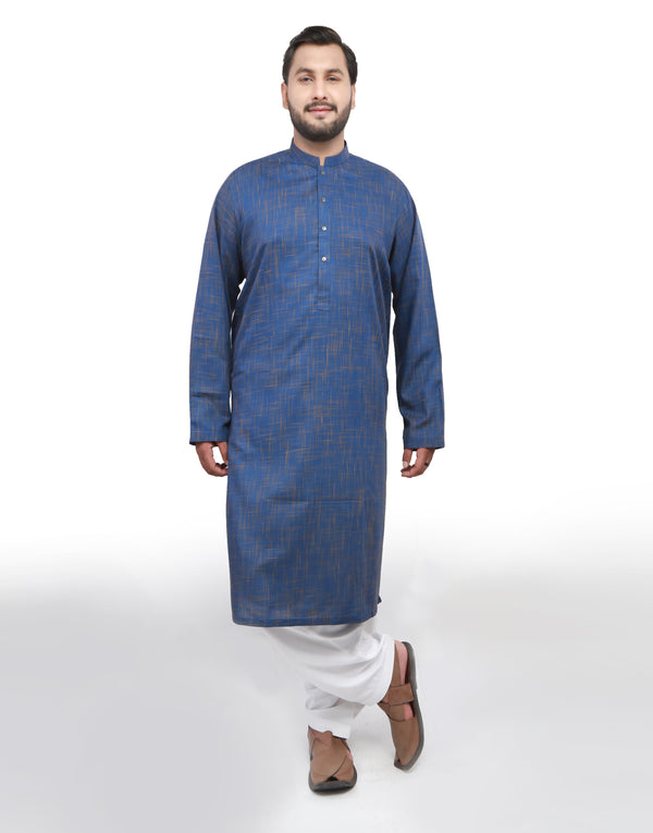 Kurta - Royal Blue Self Design Cross Lining